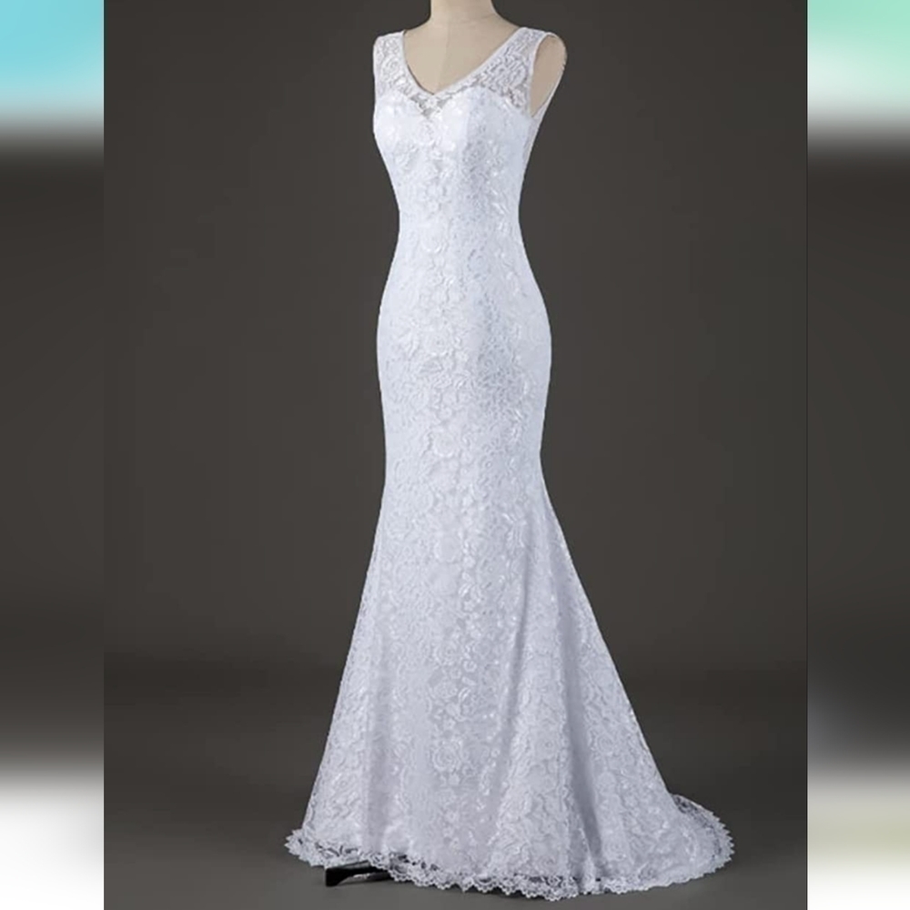 WOMEN'S Double V-Neck White Lace Beach Wedding Gown New Size 8